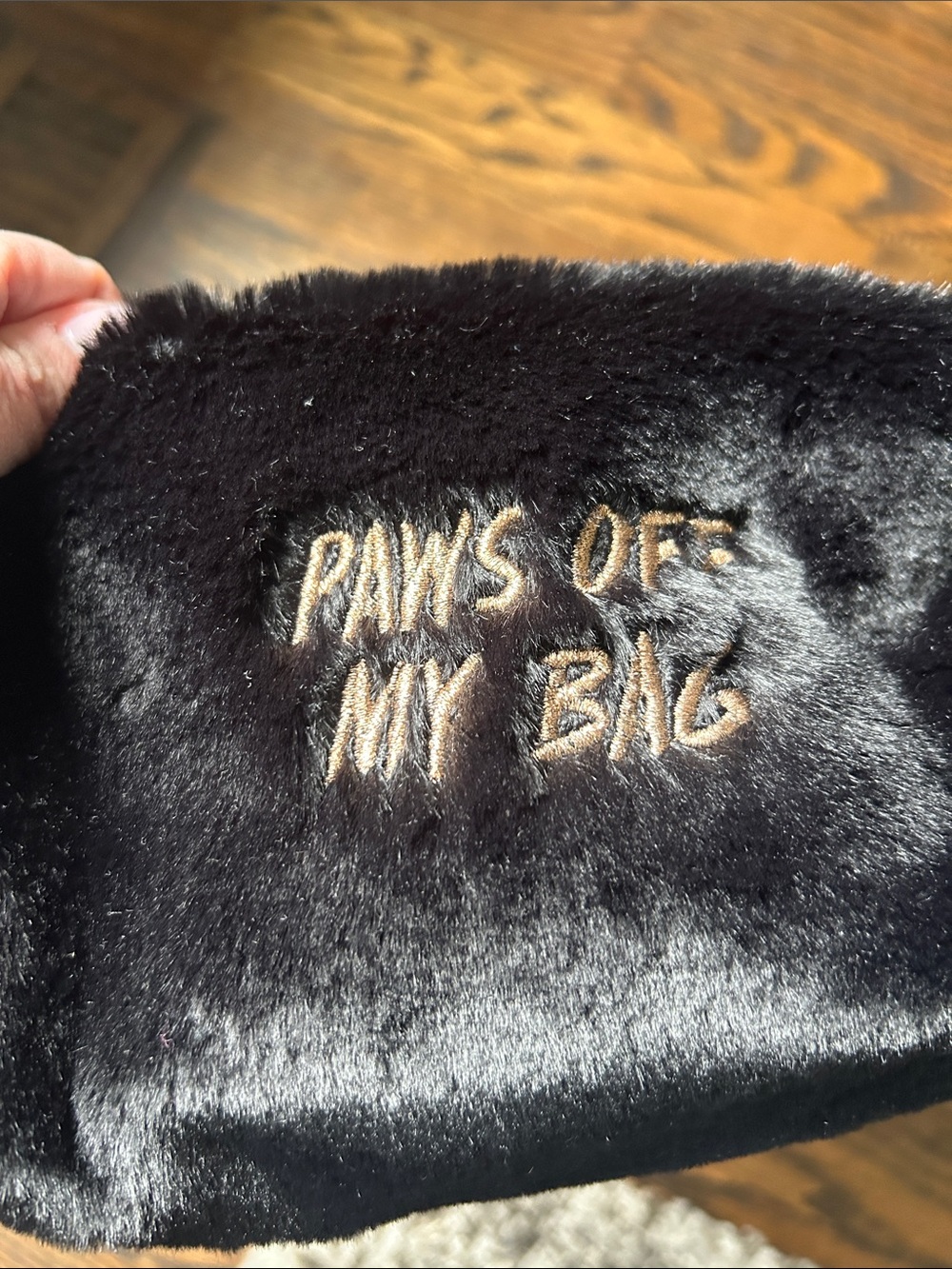 Black Faux Fur Pouch with 'Paws Off My Bag' Embroidery